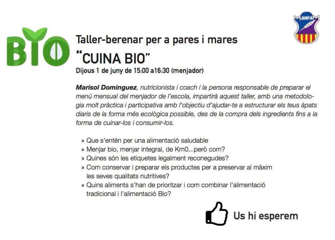 Taller-berenar per a pares i mares: “Cuina Bio”